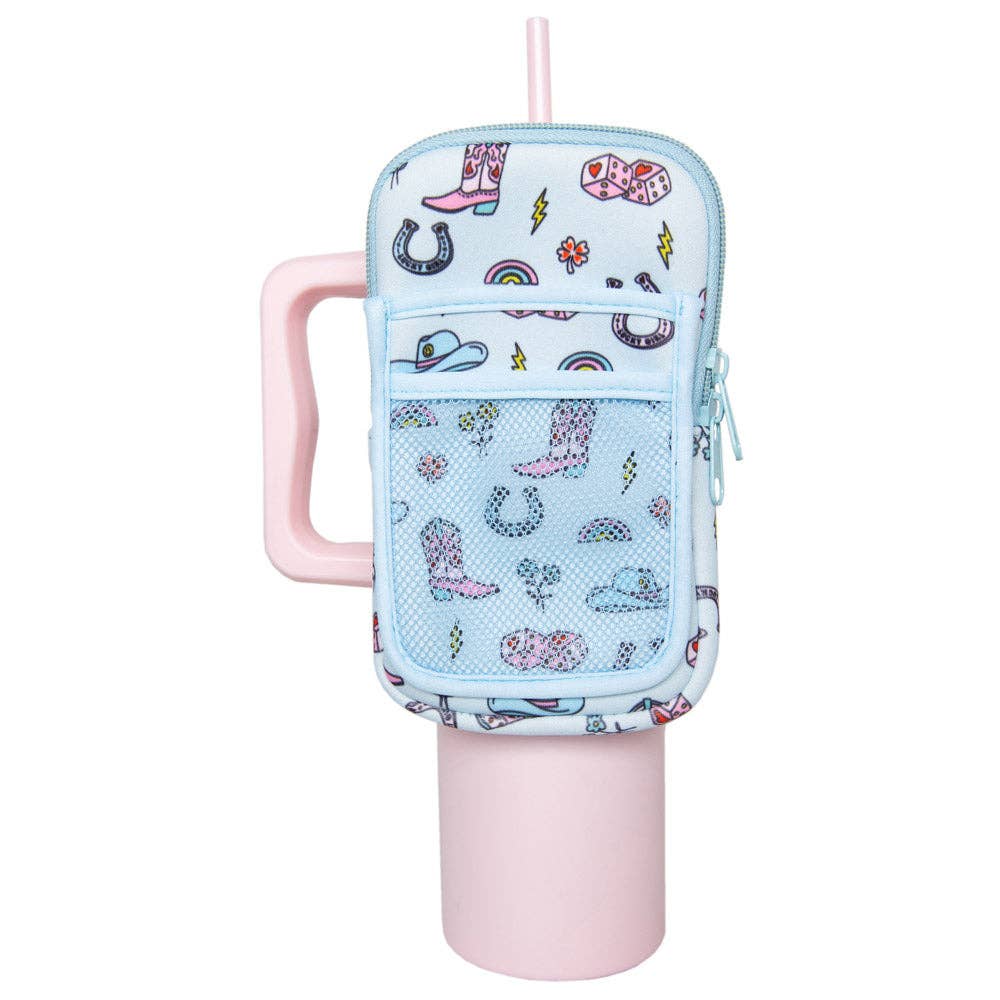 A blue tumbler pouch with western-themed illustrations including rainbows, dice, cowboy boots, and horseshoes.