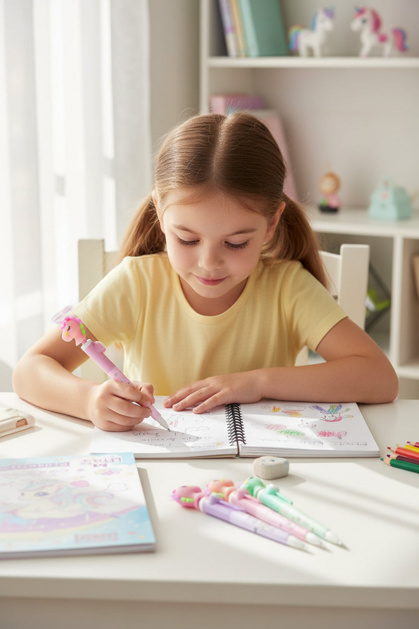 A display box containing multiple colorful ballpoint pens with unicorn charm toppers, in various pastel colors.