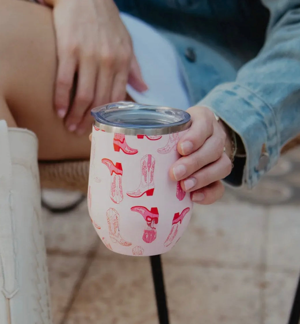 light pink stainless wine tumbler, with pink cowgirl boot design