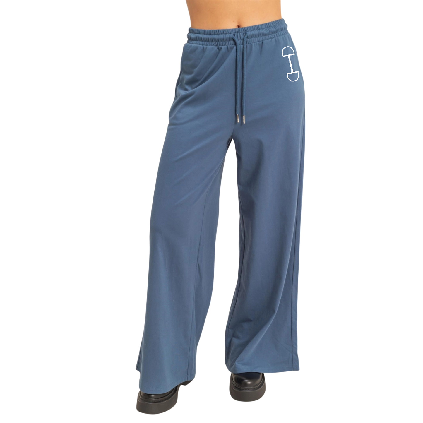 Blue  wide leg lounge pants with a bit logo on a white background