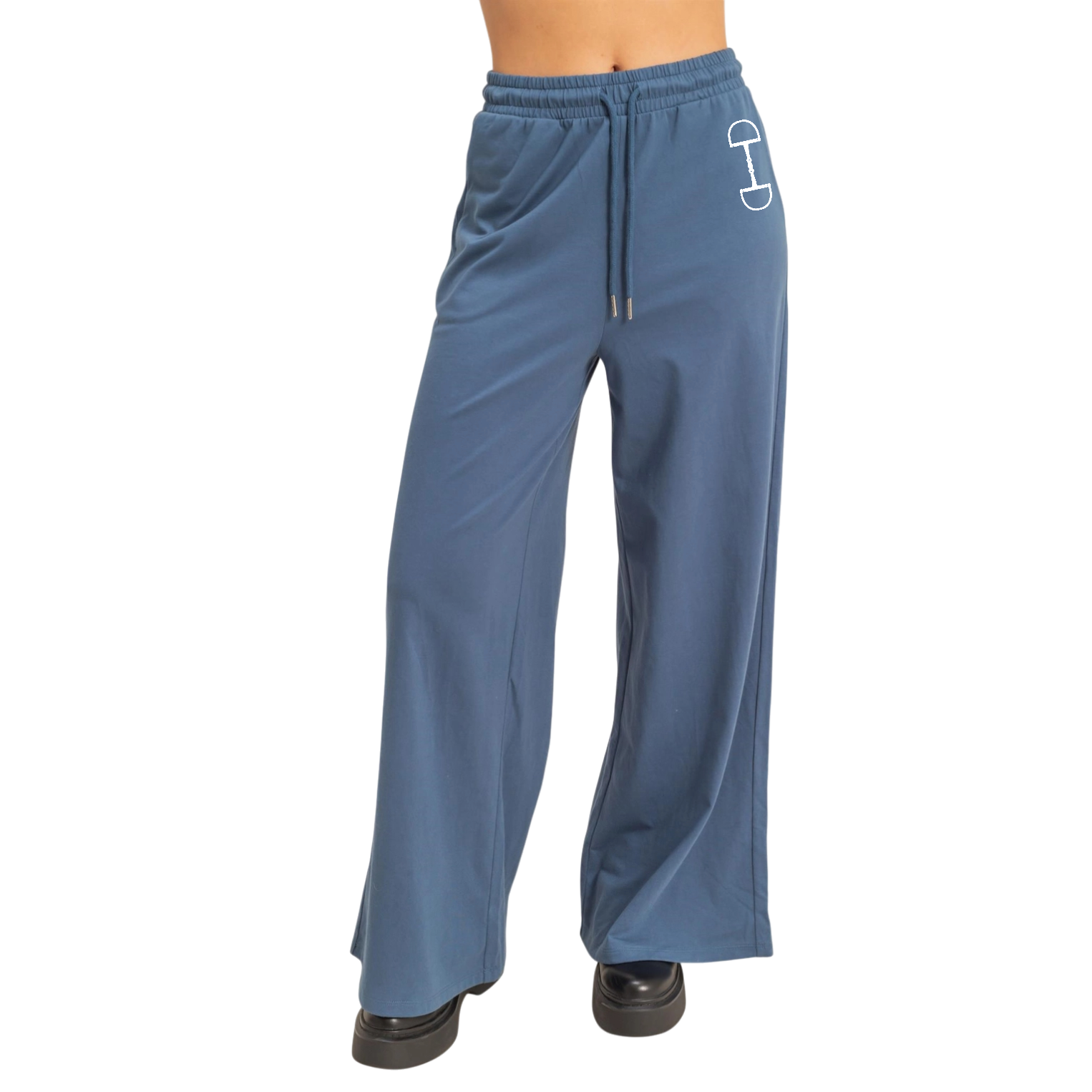 Blue  wide leg lounge pants with a bit logo on a white background