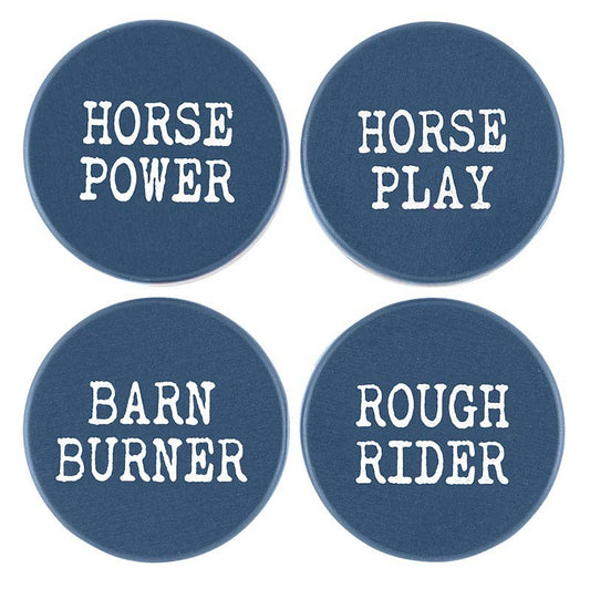 A set of four blue wine bottle stoppers with white text, placed on a white background.