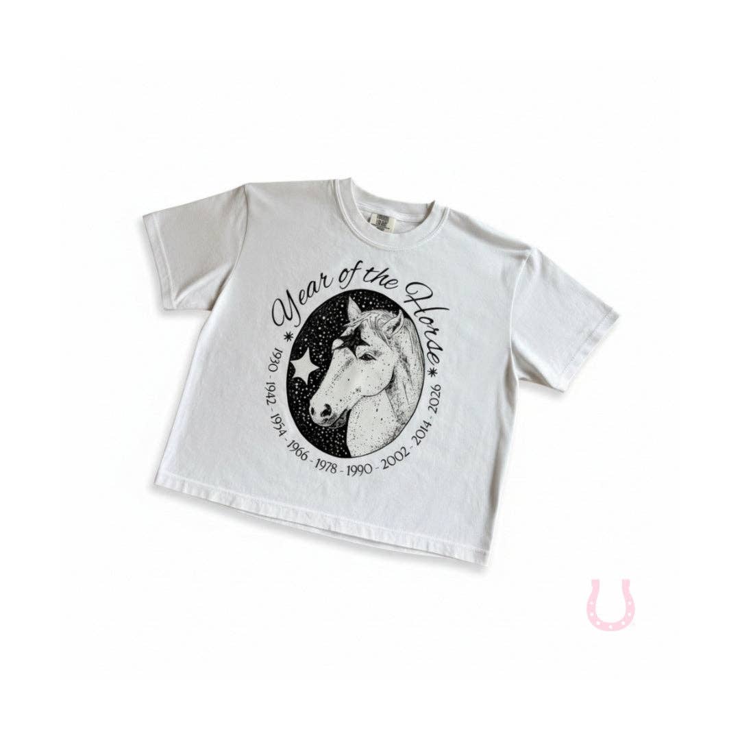 White t-shirt with a graphic of a horse and text on a white background