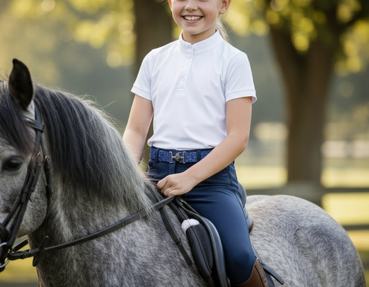 Blue glittery strap with silver buckles on a gray background