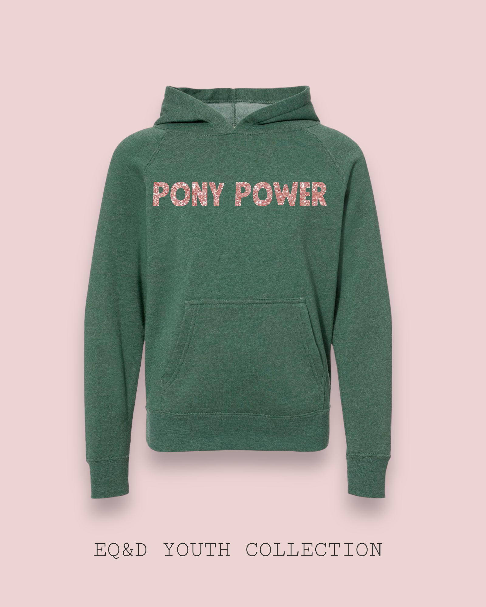 A child sitting on a swing wearing a green hoodie with the text 'PONY POWER' on it, with an adult standing behind them.