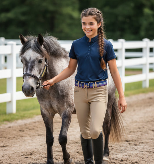 Girl in equestrian attire featuring an equestrian sparkle belt walking a gray horse in an outdoor setting