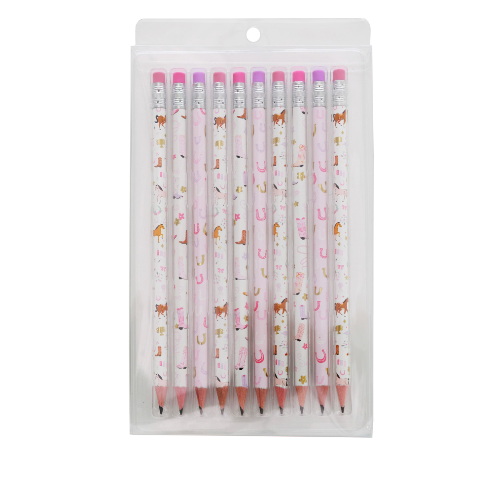 Set of pencils with decorative  pony and western designs in a clear packaging on a white background