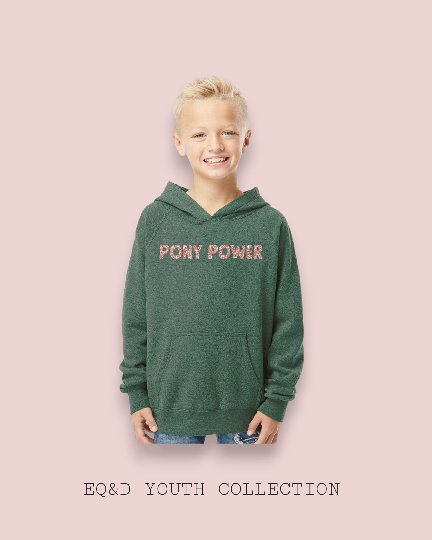 A youth wearing a green hoodie with the text 'PONY POWER' printed on the front.