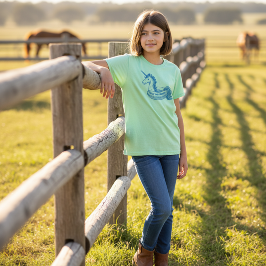 Girl wearing a light green t-shirt with a unicorn design on a pink background